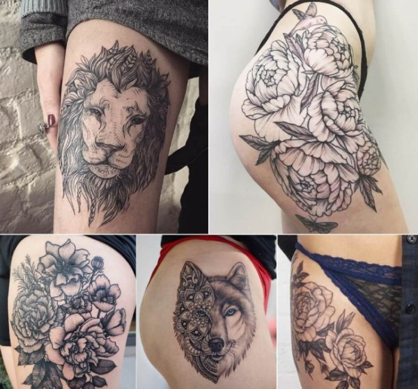 Tatuagens na coxa para meninas. Ideias, fotos, esboços, inscrições, laços, rendas