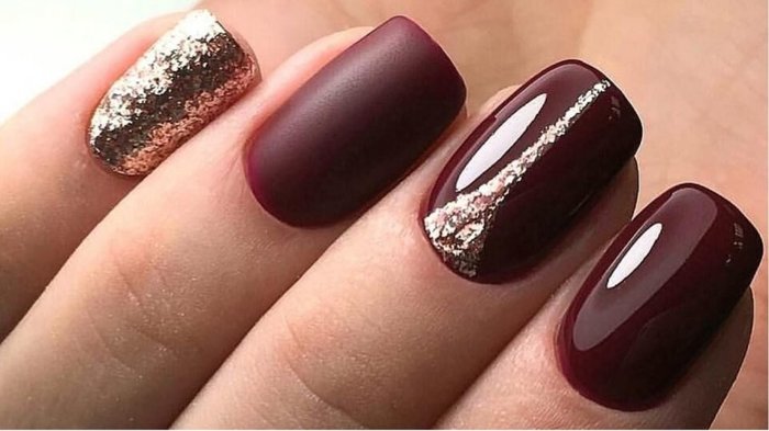 Design de manicure em marrom para unhas curtas, longas, afiadas e quadradas. Uma foto