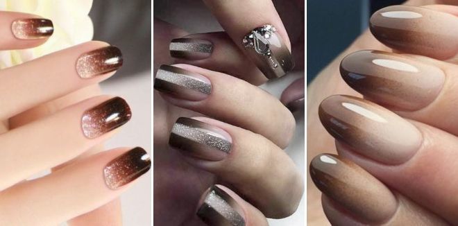 Design de manicure em marrom para unhas curtas, longas, afiadas e quadradas. Uma foto