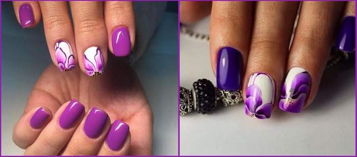 Manicure roxa com branco. Foto com fotos, com strass, desenhos para unhas curtas e longas