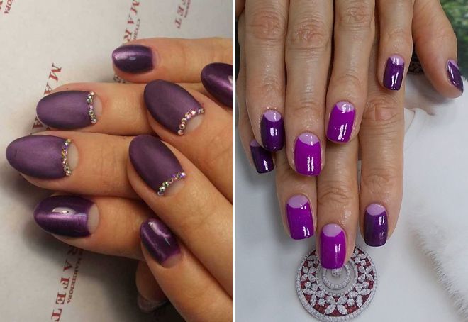 Manicure roxa com branco. Foto com fotos, com strass, desenhos para unhas curtas e longas