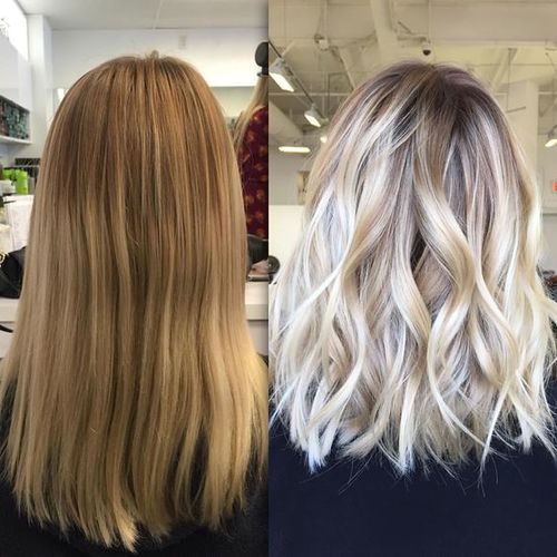 A cor do cabelo é loiro platinado. Fotos antes e depois da coloração, xampus coloridos, tônicos, tintas