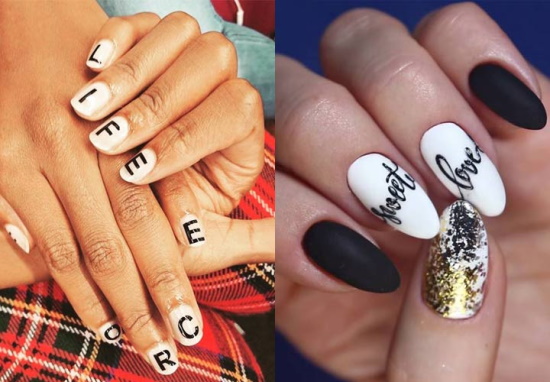 Manicure com letras nas unhas. Fotos em russo, inglês, ideias de moda