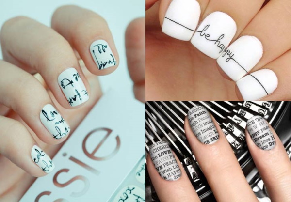 Manicure com letras nas unhas. Fotos em russo, inglês, ideias de moda