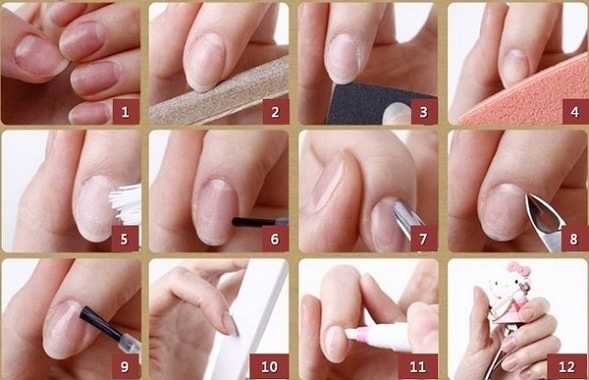 Manicure com verniz transparente e estampas, brilhos, strass. Fotos, designs