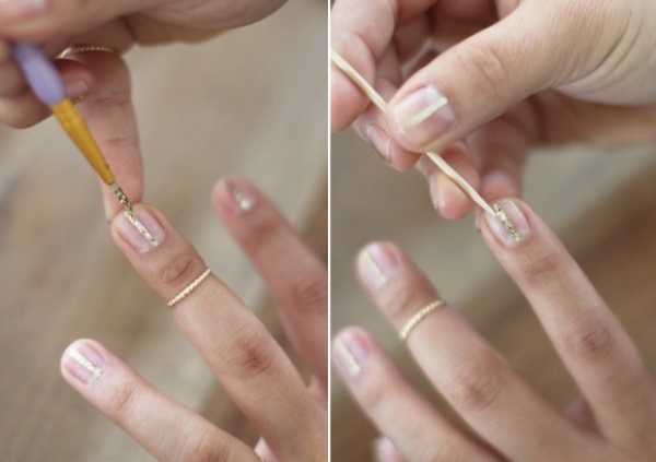 Manicure com verniz transparente e estampas, brilhos, strass. Fotos, designs