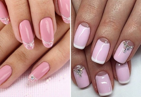 Manicure rosa com brilhos e strass. Design delicado de fotos, tendências da moda em 2024