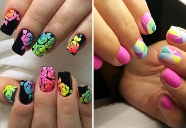 Desenhos de unhas multicoloridos, manicure com listras, manchas, esfregadas. Uma foto