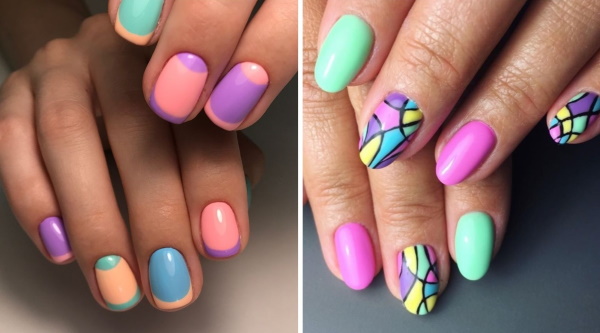 Desenhos de unhas multicoloridos, manicure com listras, manchas, esfregadas. Uma foto