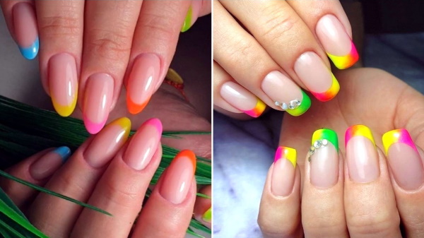 Desenhos de unhas multicoloridos, manicure com listras, manchas, esfregadas. Uma foto