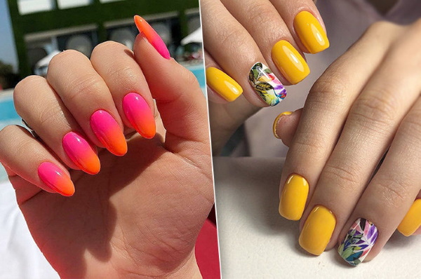 Desenhos de unhas multicoloridos, manicure com listras, manchas, esfregadas. Uma foto