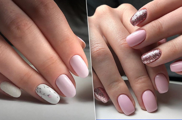 Desenhos de unhas rosa para unhas curtas e longas. Uma foto