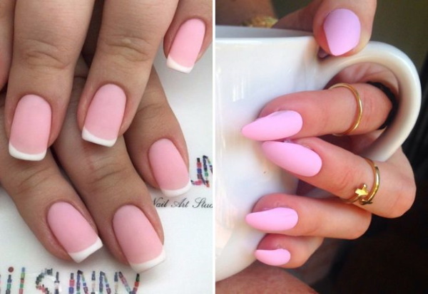 Desenhos de unhas rosa para unhas curtas e longas. Uma foto