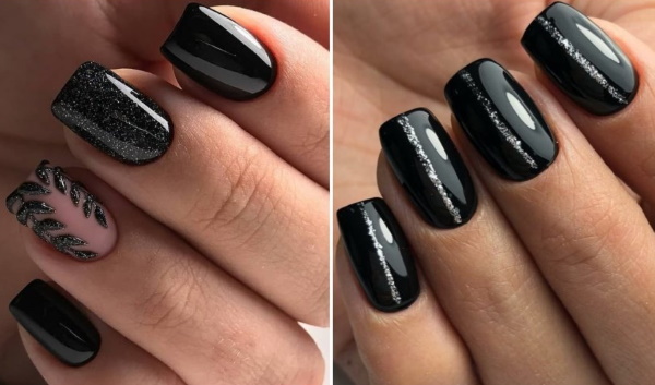 Conception d'ongles de couleur noire. Photo de vernis gel manucure avec strass, paillettes, français, ombre