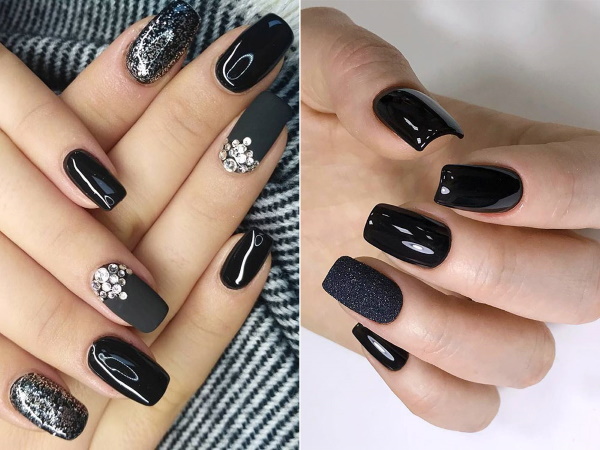 Conception d'ongles de couleur noire. Photo de vernis gel manucure avec strass, paillettes, français, ombre