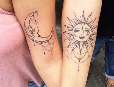 Tatuagens emparelhadas para dois amantes. Esboços, inscrições de fotos com tradução para marido e mulher, namorado e namorada