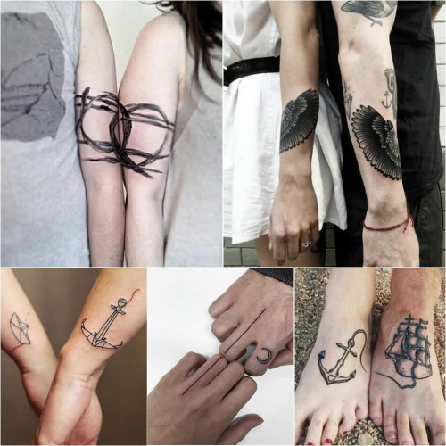 Tatuagens emparelhadas para dois amantes. Esboços, inscrições de fotos com tradução para marido e mulher, namorado e namorada