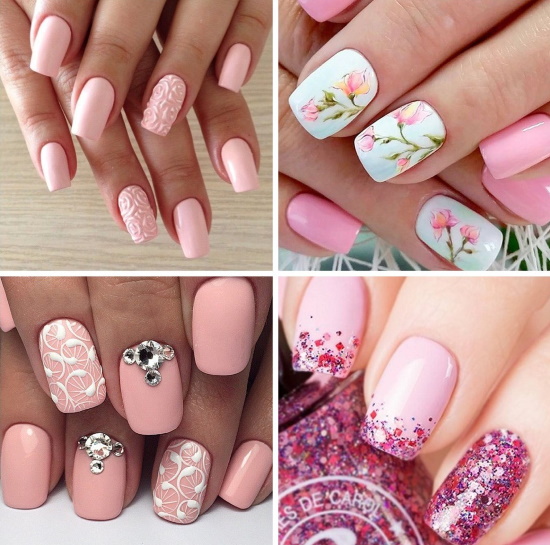 Conception des ongles rose pâle. Photo de manucure avec argent, paillettes, blanc, noir