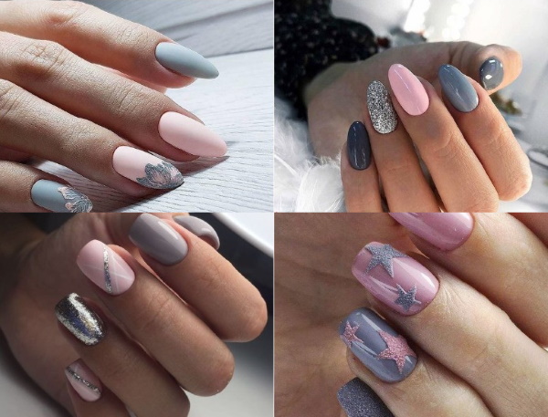 Conception des ongles rose pâle. Photo de manucure avec argent, paillettes, blanc, noir