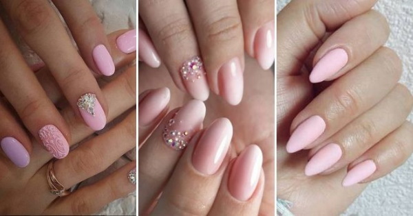 Conception des ongles rose pâle. Photo de manucure avec argent, paillettes, blanc, noir