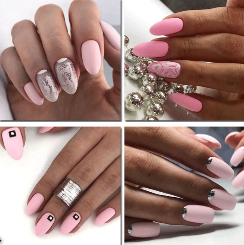 Conception des ongles rose pâle. Photo de manucure avec argent, paillettes, blanc, noir