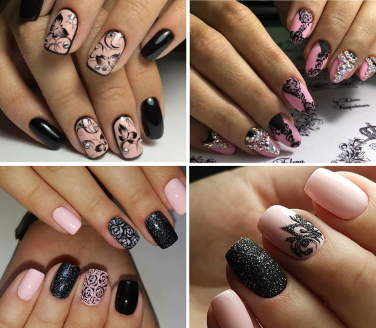 Rosa com desenho de unhas pretas. Foto, novos itens com lantejoulas, strass, renda prateada, padrão