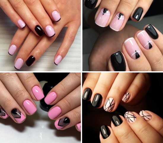 Rose avec un design d'ongle noir. Photo, nouveaux articles avec paillettes, strass, dentelle argentée, motif