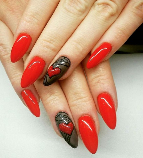 Desenho de unhas em manicure com verniz vermelho. Fotos, tendências da moda em 2024