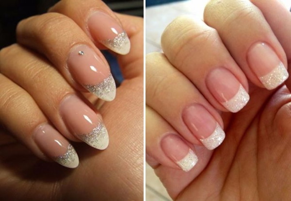 Francês com brilhos nas unhas com esmalte gel. Notícias fotográficas, tendências da moda, técnicas, ideias