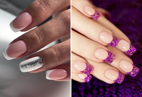 Francês com brilhos nas unhas com esmalte gel. Notícias fotográficas, tendências da moda, técnicas, ideias