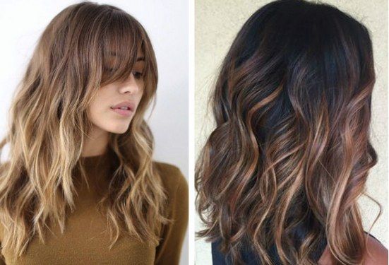 Cabelo escuro com mechas claras na frente do rosto, nas pontas, por dentro. Técnica de coloração