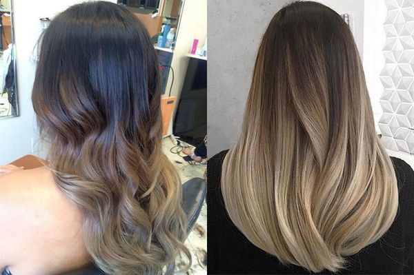 Cabelo escuro com mechas claras na frente do rosto, nas pontas, por dentro. Técnica de coloração