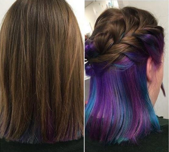 Cabelo escuro com mechas claras na frente do rosto, nas pontas, por dentro. Técnica de coloração