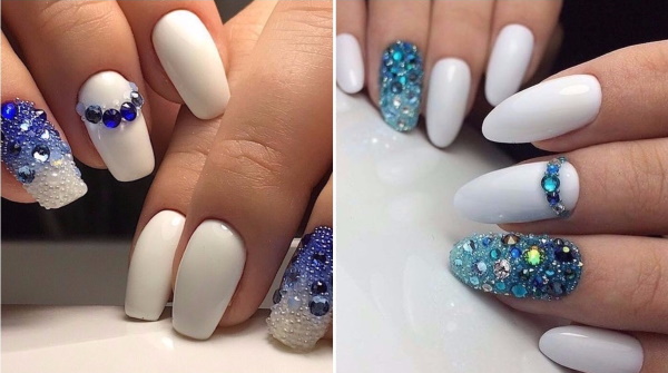 Desenho de unhas com verniz branco. Foto com brilhos, fricção, flores