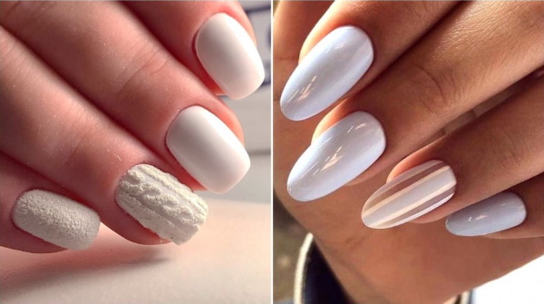 Desenho de unhas com verniz branco. Foto com brilhos, fricção, flores