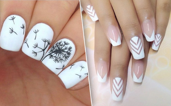 Desenho de unhas com verniz branco. Foto com brilhos, fricção, flores