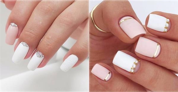 Desenho de unhas com verniz branco. Foto com brilhos, fricção, flores