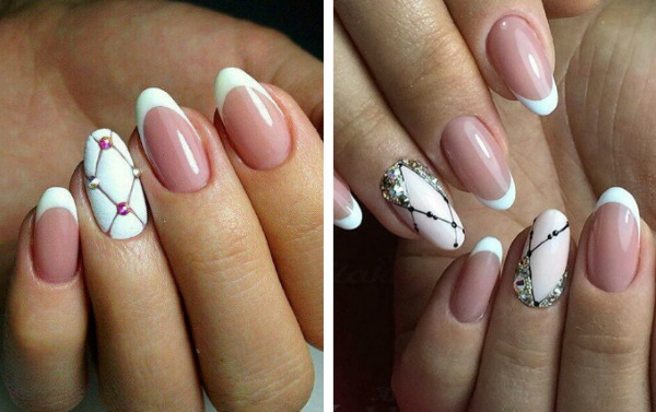 Desenho de unhas com verniz branco. Foto com brilhos, fricção, flores