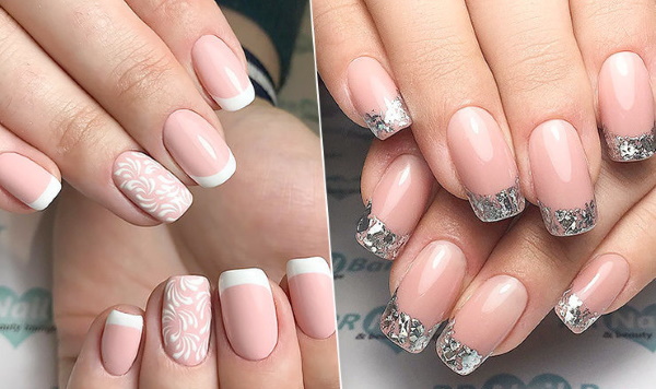 Manicure francesa para unhas curtas e longas. Foto, opções de design com strass, lantejoulas, fricção, padrão