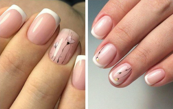 Manicure francesa para unhas curtas e longas. Foto, opções de design com strass, lantejoulas, fricção, padrão