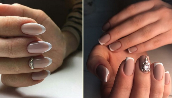 Manicure francesa para unhas curtas e longas. Foto, opções de design com strass, lantejoulas, fricção, padrão