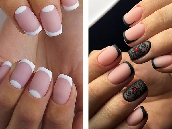 Manicure francesa para unhas curtas e longas. Foto, opções de design com strass, lantejoulas, fricção, padrão