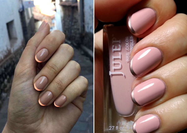 Manicure francesa colorida. Foto, com uma foto, esfregando, brilhos, caldos