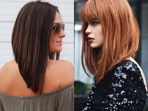 Corte de cabelo de Bob para cabelos longos. Foto com e sem franja, vistas frontal e traseira