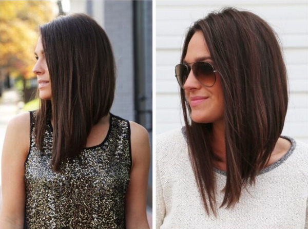 Corte de cabelo de Bob para cabelos longos. Foto com e sem franja, vistas frontal e traseira