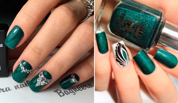 Manicure de design esmeralda. Foto, tendências da moda para unhas curtas e compridas com ouro, strass, lantejoulas, prata