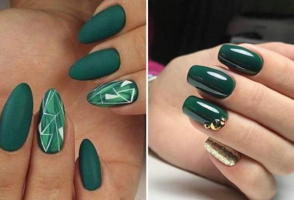 Manicure de design esmeralda. Foto, tendências da moda para unhas curtas e compridas com ouro, strass, lantejoulas, prata