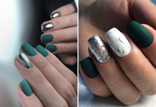 Manicure de design esmeralda. Foto, tendências da moda para unhas curtas e compridas com ouro, strass, lantejoulas, prata