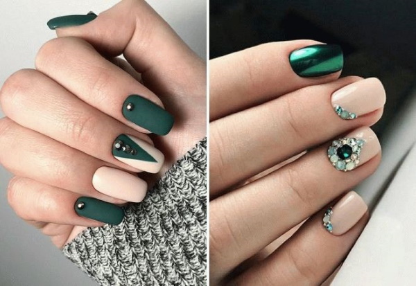 Manicure de design esmeralda. Foto, tendências da moda para unhas curtas e compridas com ouro, strass, lantejoulas, prata