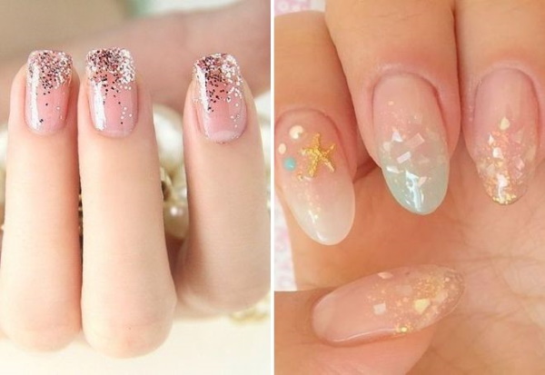 Manucure transparente avec des paillettes pour des ongles courts et longs, des pointes. Une photo